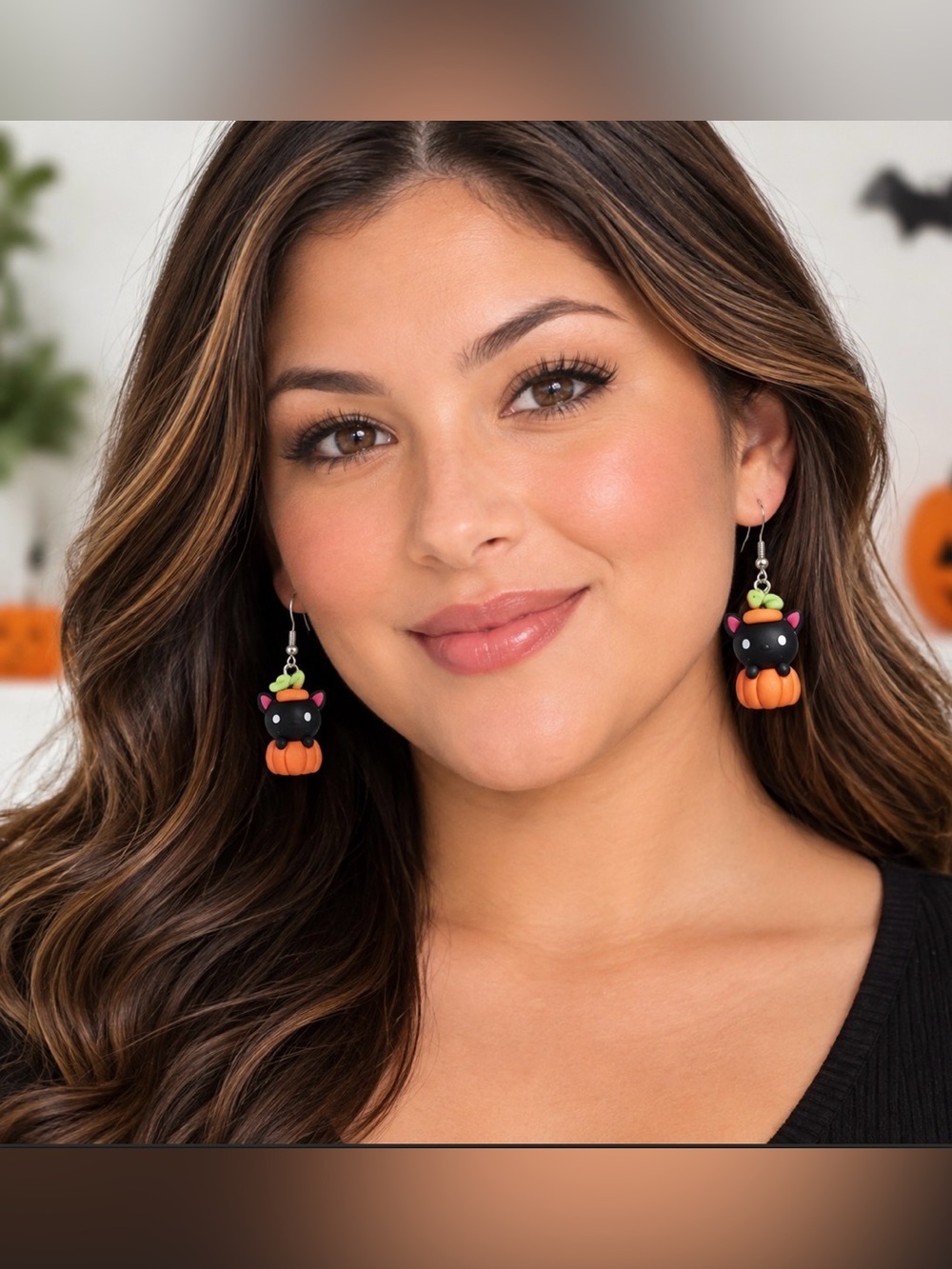 Halloween Black Cat Pumpkin Drop Earrings